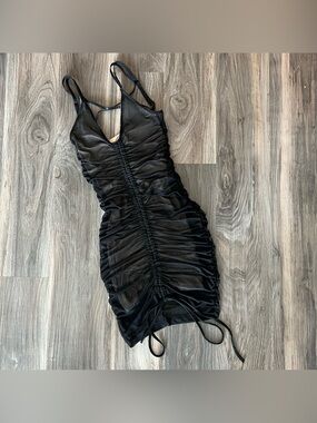 POSTER GRL Black Ruched Mesh Mini Dress with Adjustable Straps